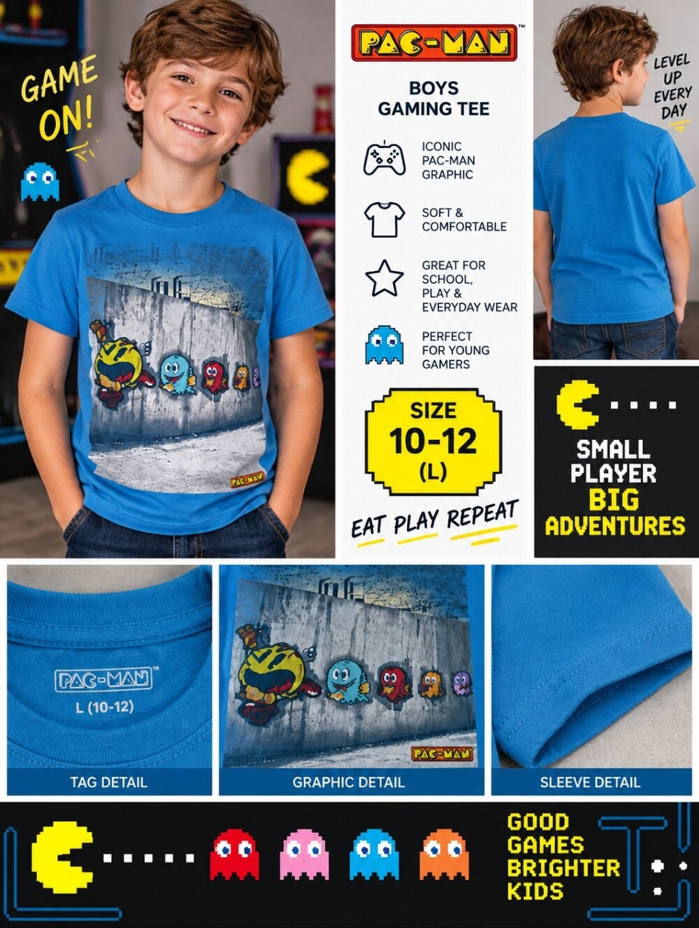 Pacman boys size 10-12 blue gaming shirt #19